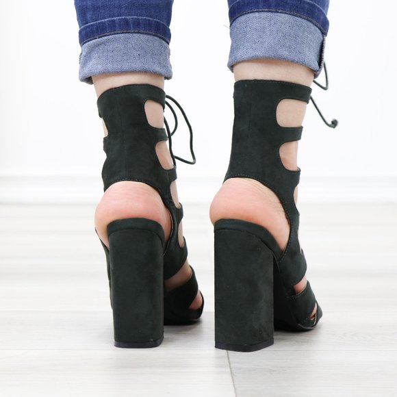 Olive Open Toe Chunky Block Heel Open Toe Sandal Gladiator Laced-Up Style Shoes - Picture 6 of 11